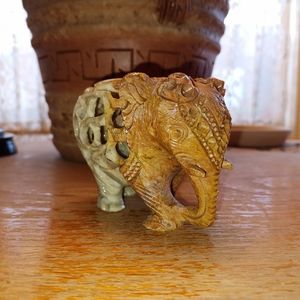 Carved Stone Elephant Figurine With Baby Inside green / Light Brown